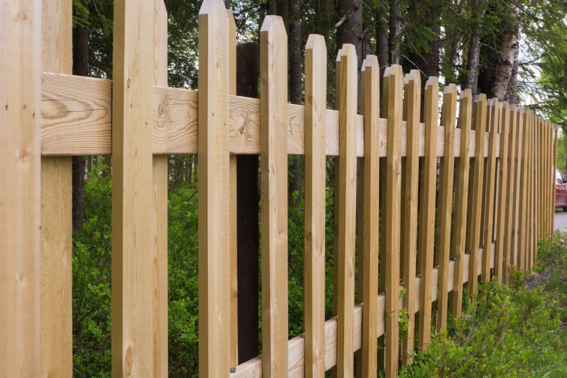 Wooden picket fence with vertical slats beside trees and greenery