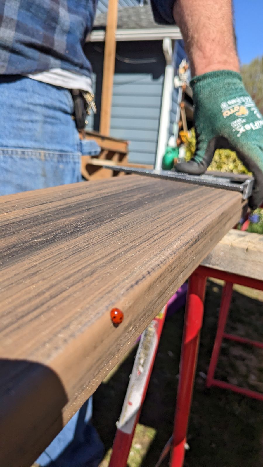 A gloved person sanding a long wooden plank on a workbench outdoors