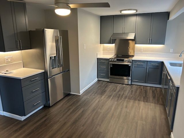 Modern kitchen with dark cabinets, stainless steel appliances, and wood-look flooring