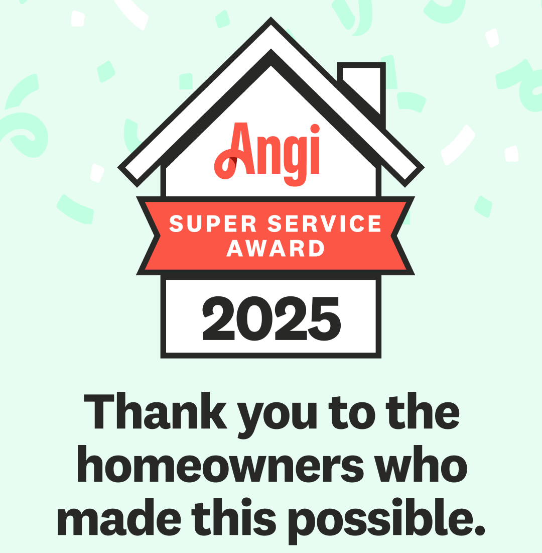 Angi Super Service Award 2025 badge with thank-you message to homeowners