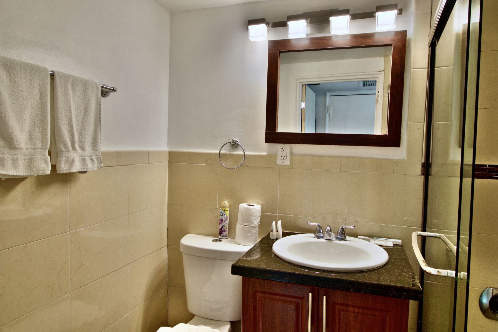 A bathroom with a toilet a sink and a mirror