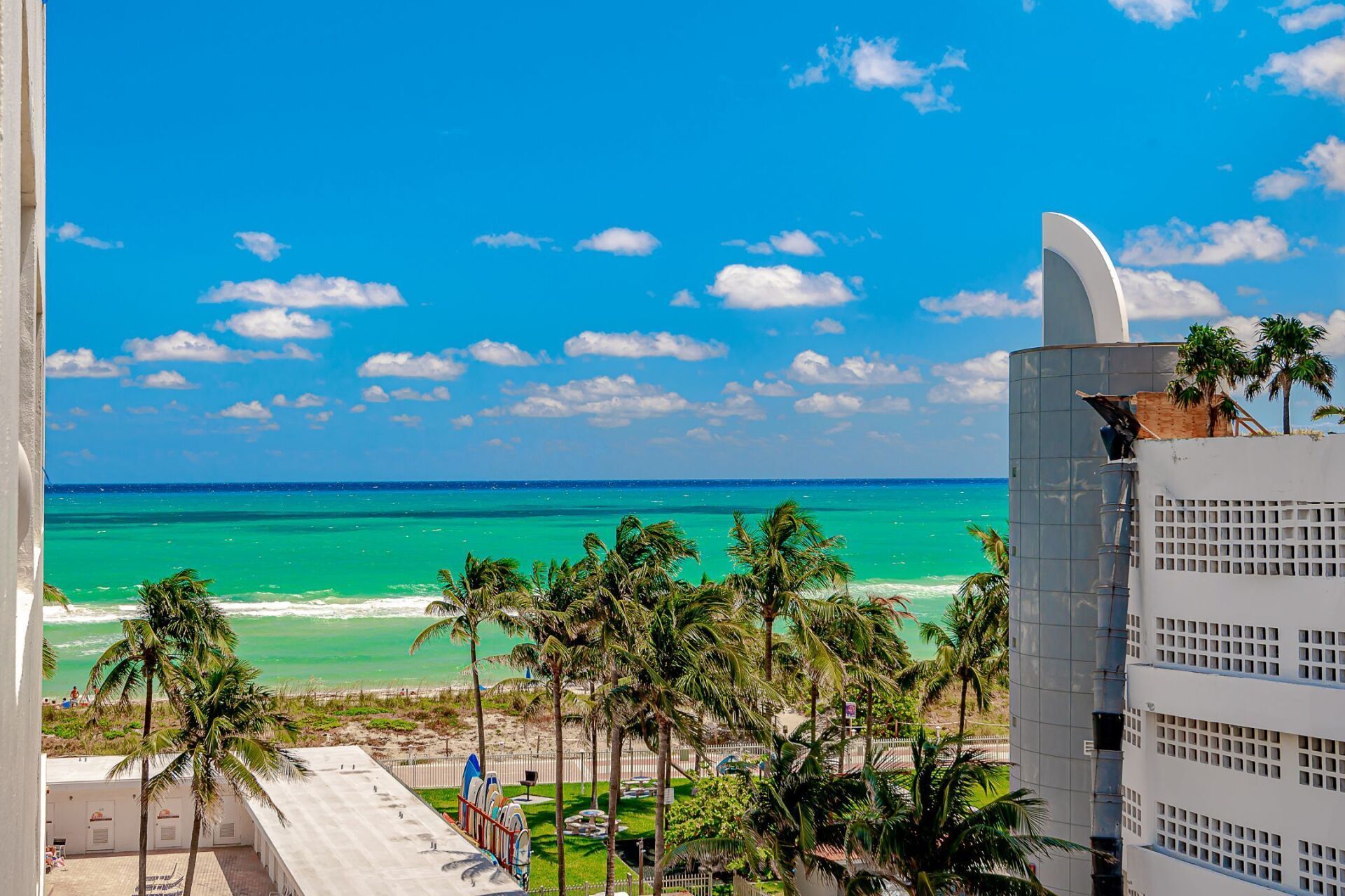 A view of the ocean from a hotel room.