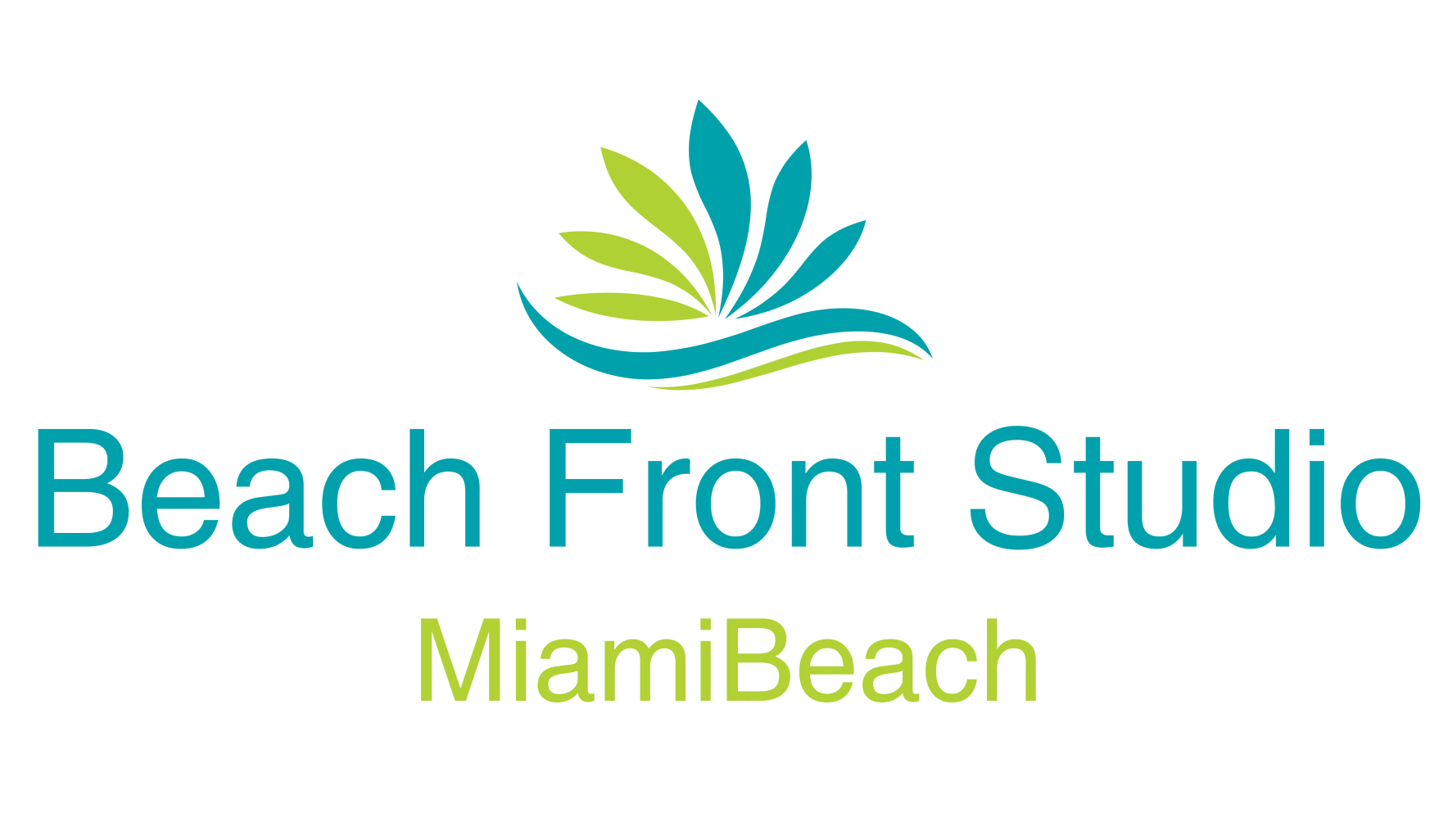 The beach front studio logo is blue and green and says beach front studio miami beach.