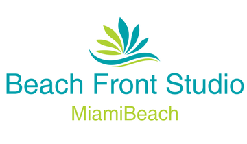 The beach front studio logo is blue and green and says beach front studio miami beach.