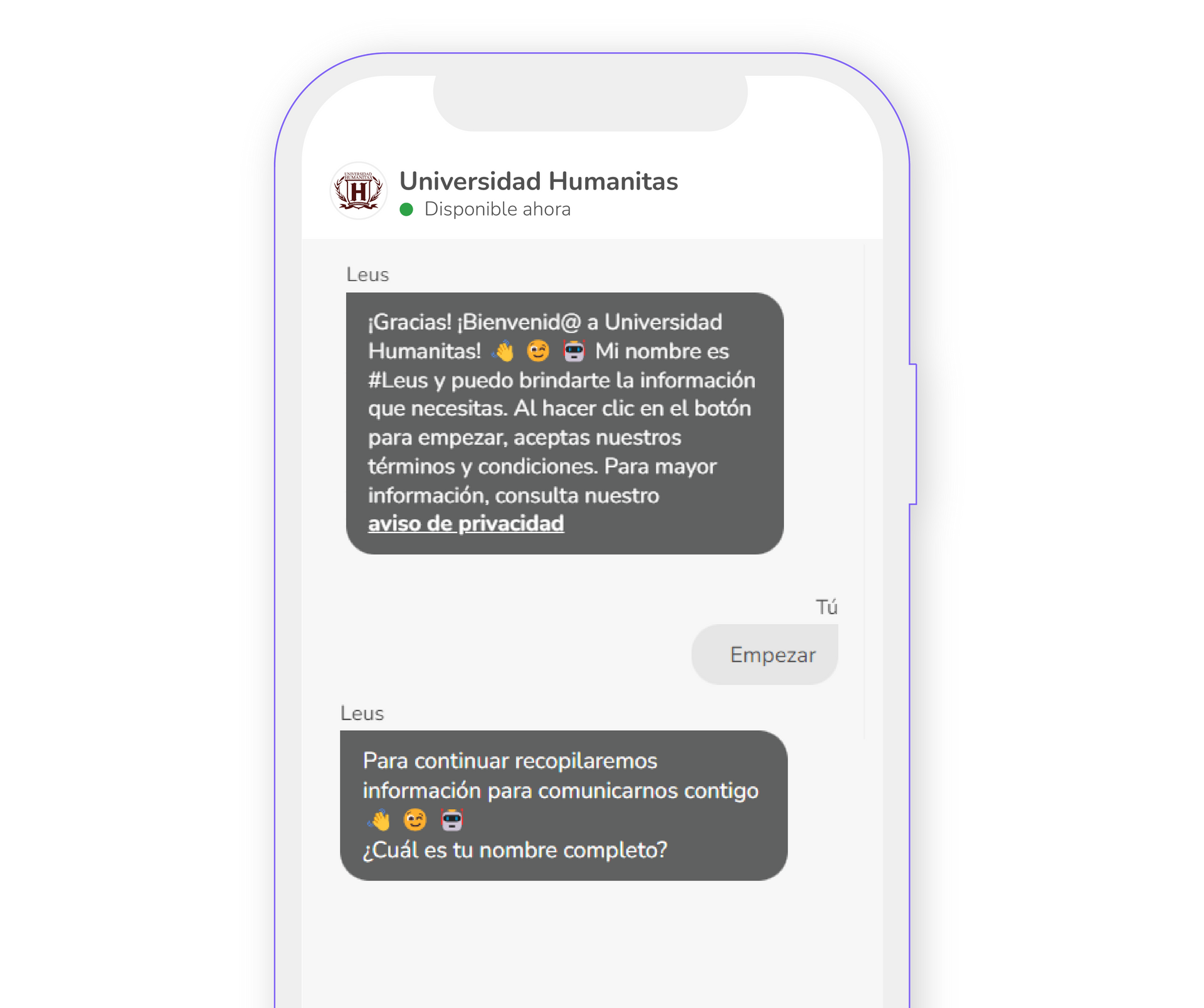 Conversación chatbot Universidad Humanitas