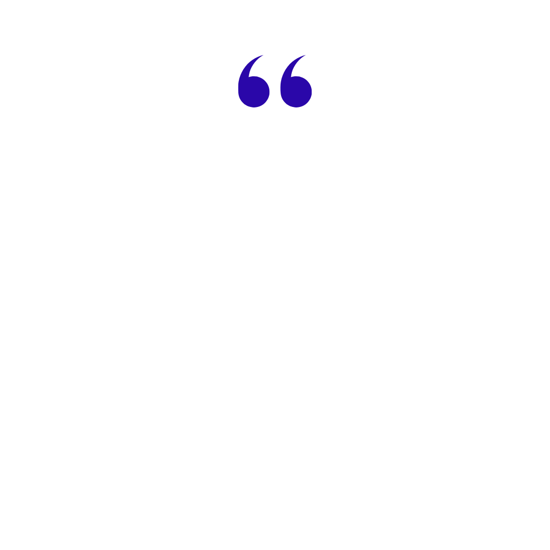 A pair of blue quotation marks on a white background.