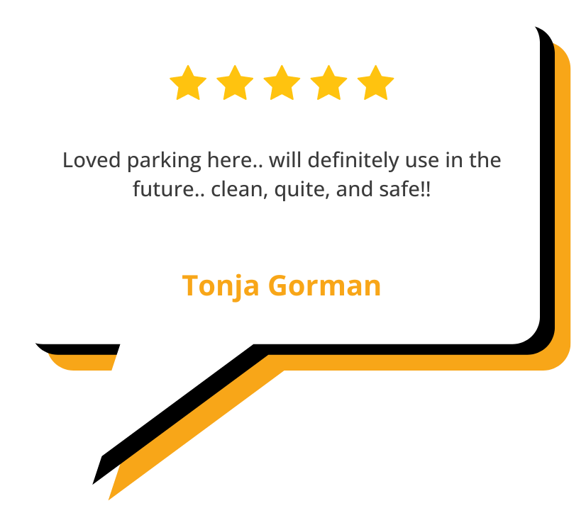 A speech bubble that says loved parking here will definitely use in the future clean quite and safe