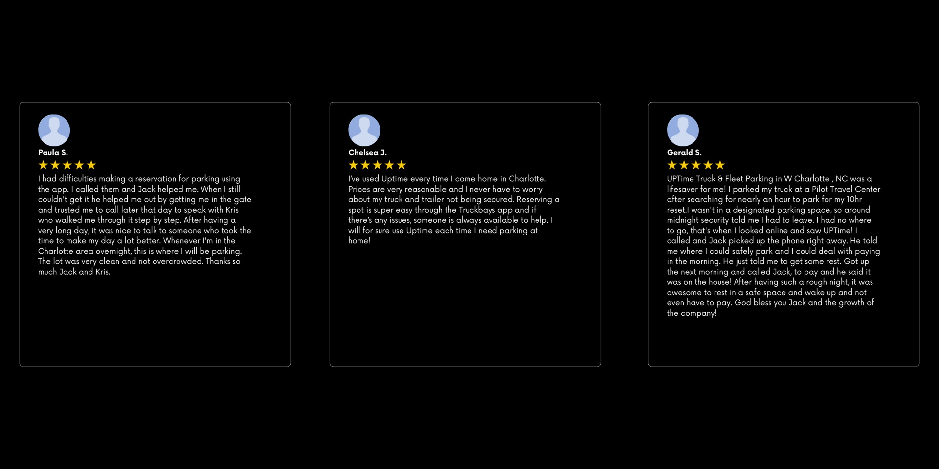 A row of three reviews on a black background.