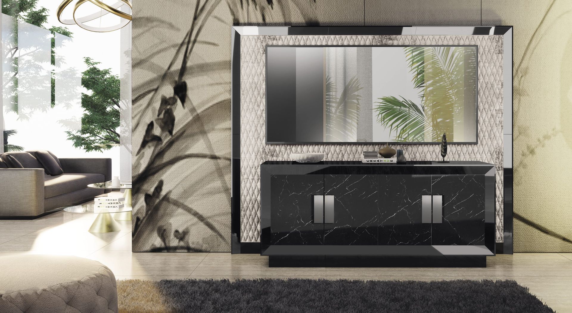 Un soggiorno con tv e specchio