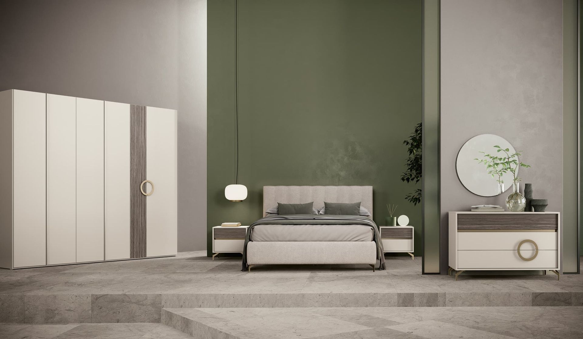 Una camera da letto con letto, cassettiera, comodino, armadio e specchio.