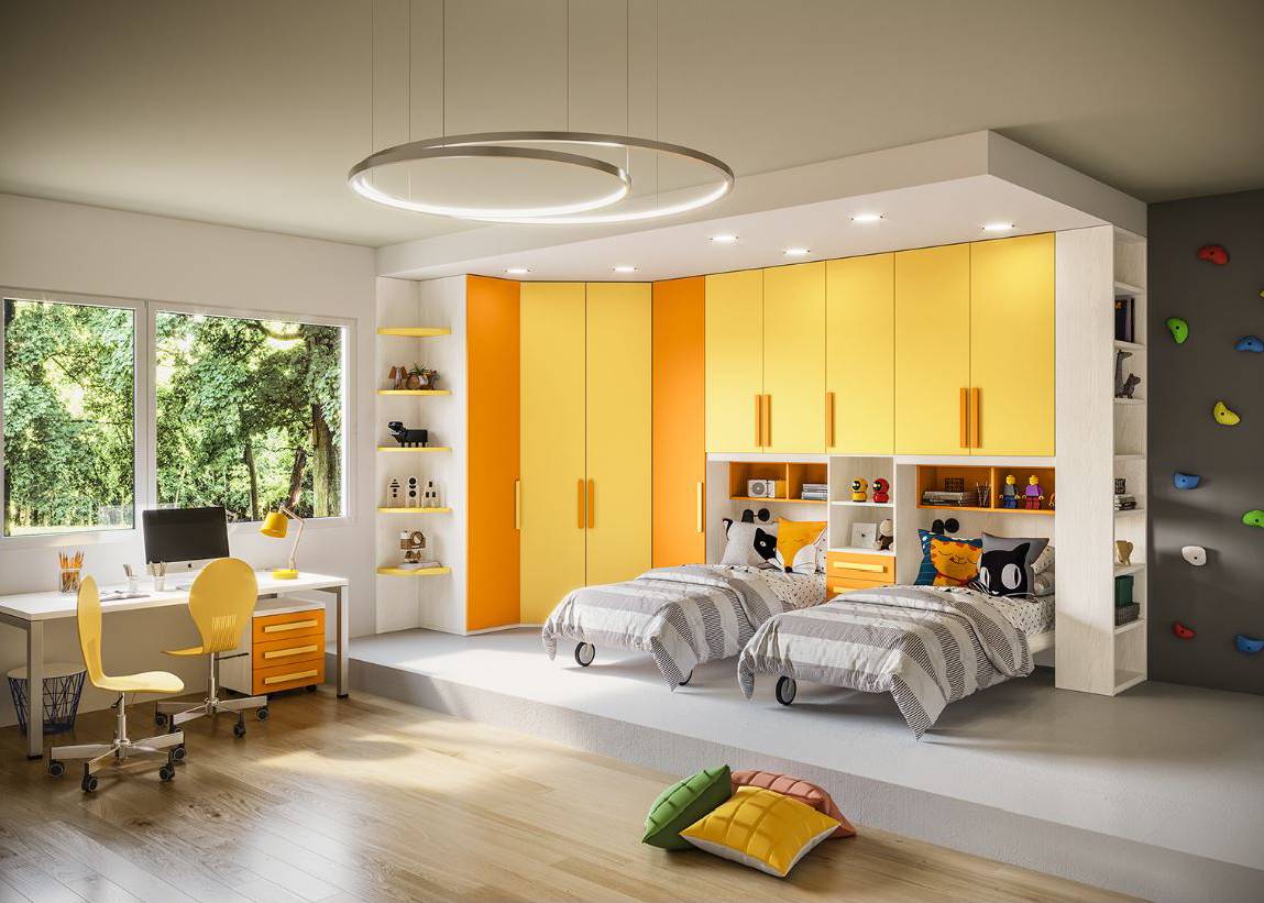 Cameretta per bambini con mobile a ponte colorato