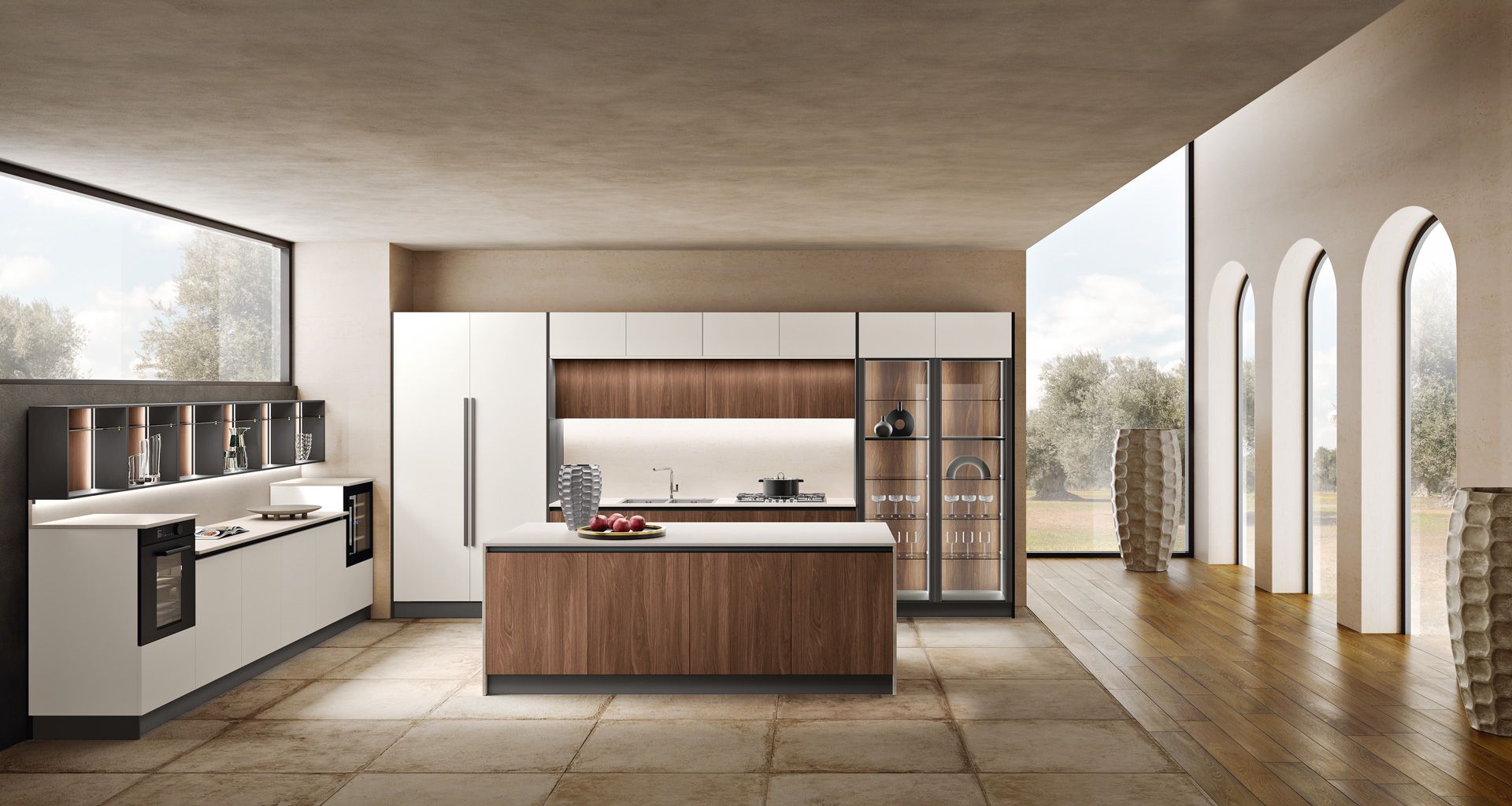 Una cucina con una grande isola al centro della stanza.