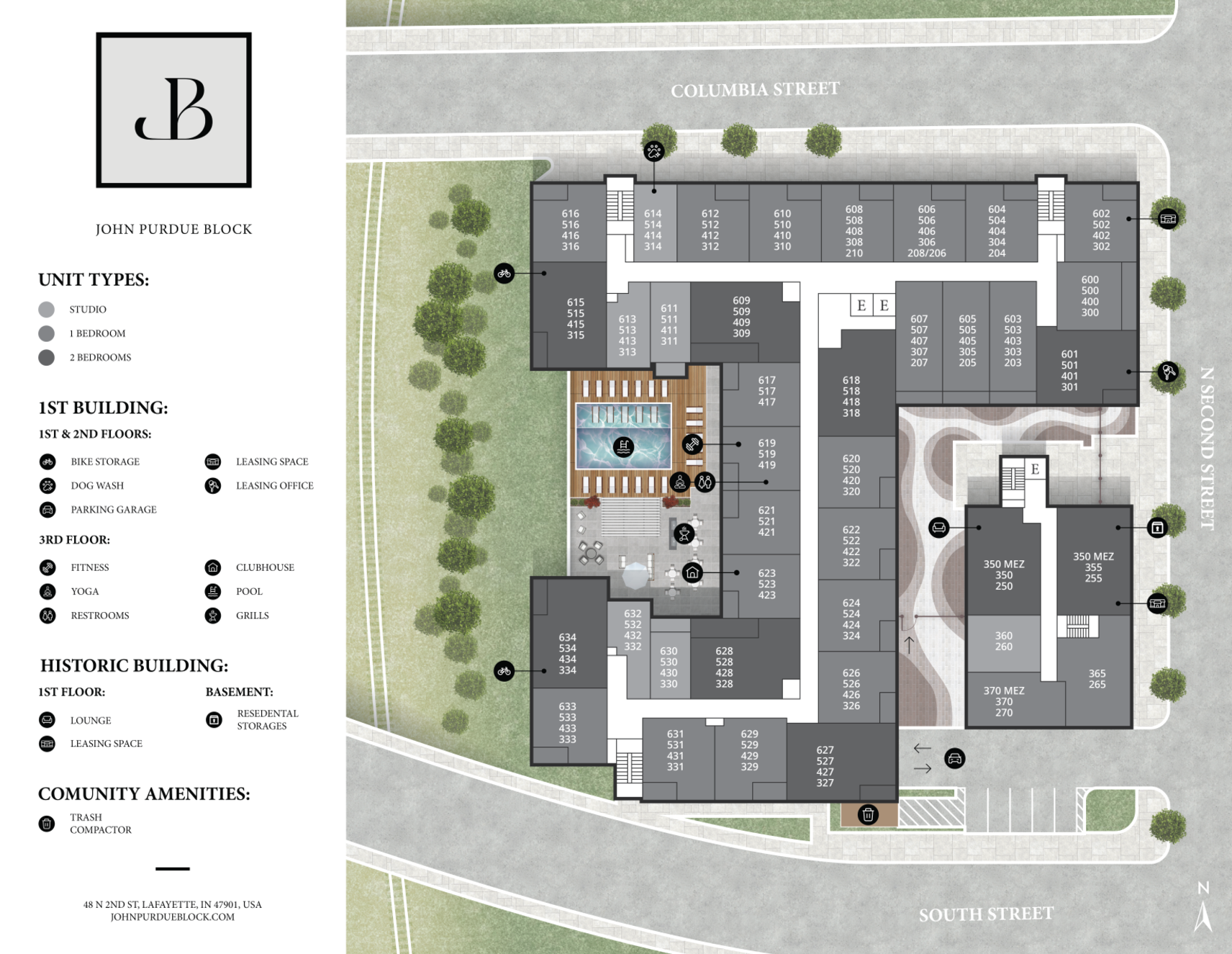 Floor plan for a residential complex, showing units, amenities, and surrounding streets.