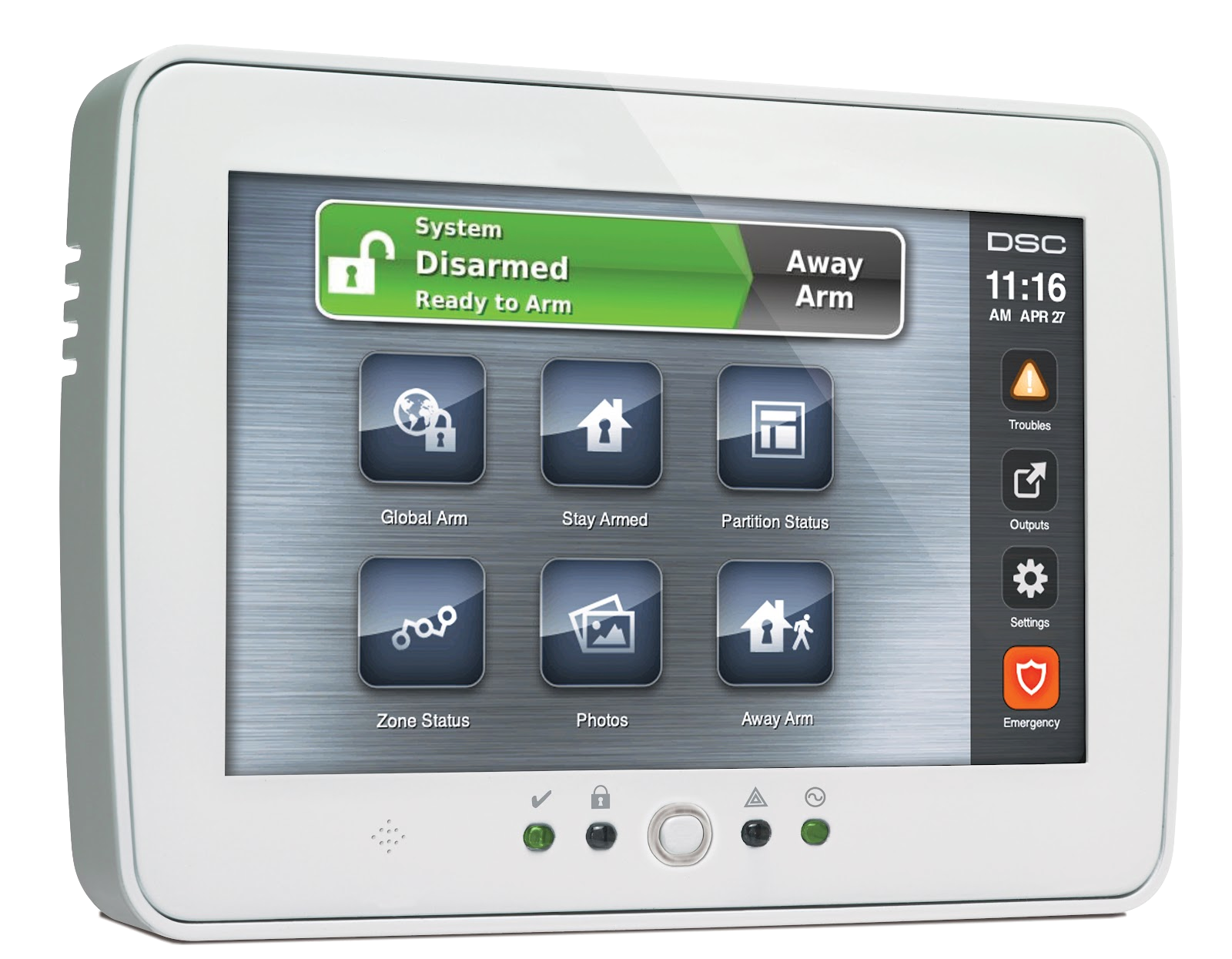 White security system control panel showing a disarmed state and several icon options.