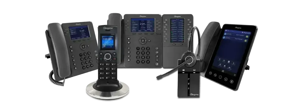 Assortment of black office phones, including a handset, desk phones, a headset, and a tablet-like device.