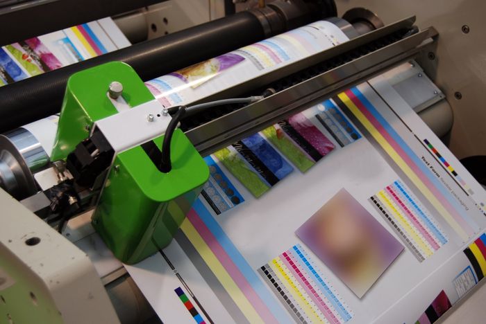 Printing press showing colour print swatches