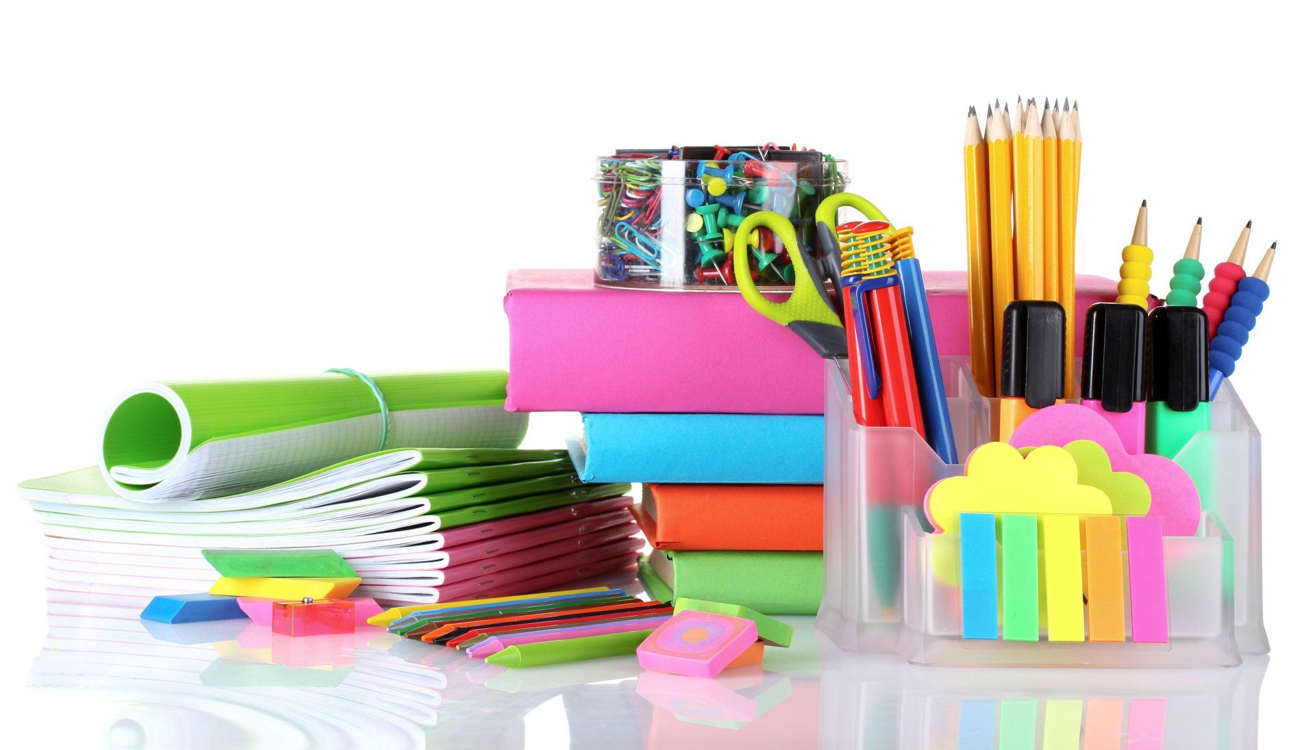 Selection of office supplies on school desk