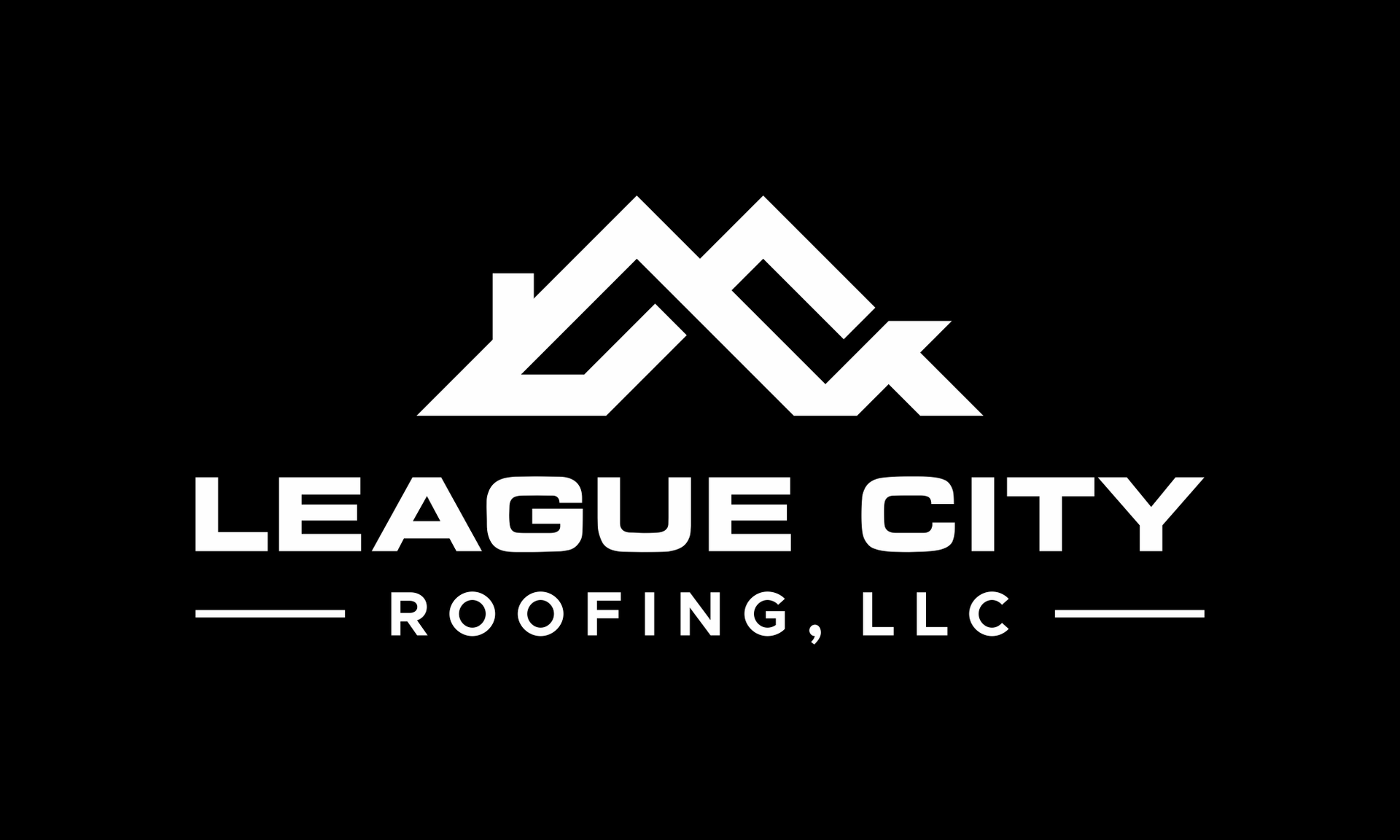 The logo for league city roofing , llc is white on a black background.