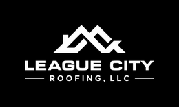 The logo for league city roofing , llc is white on a black background.