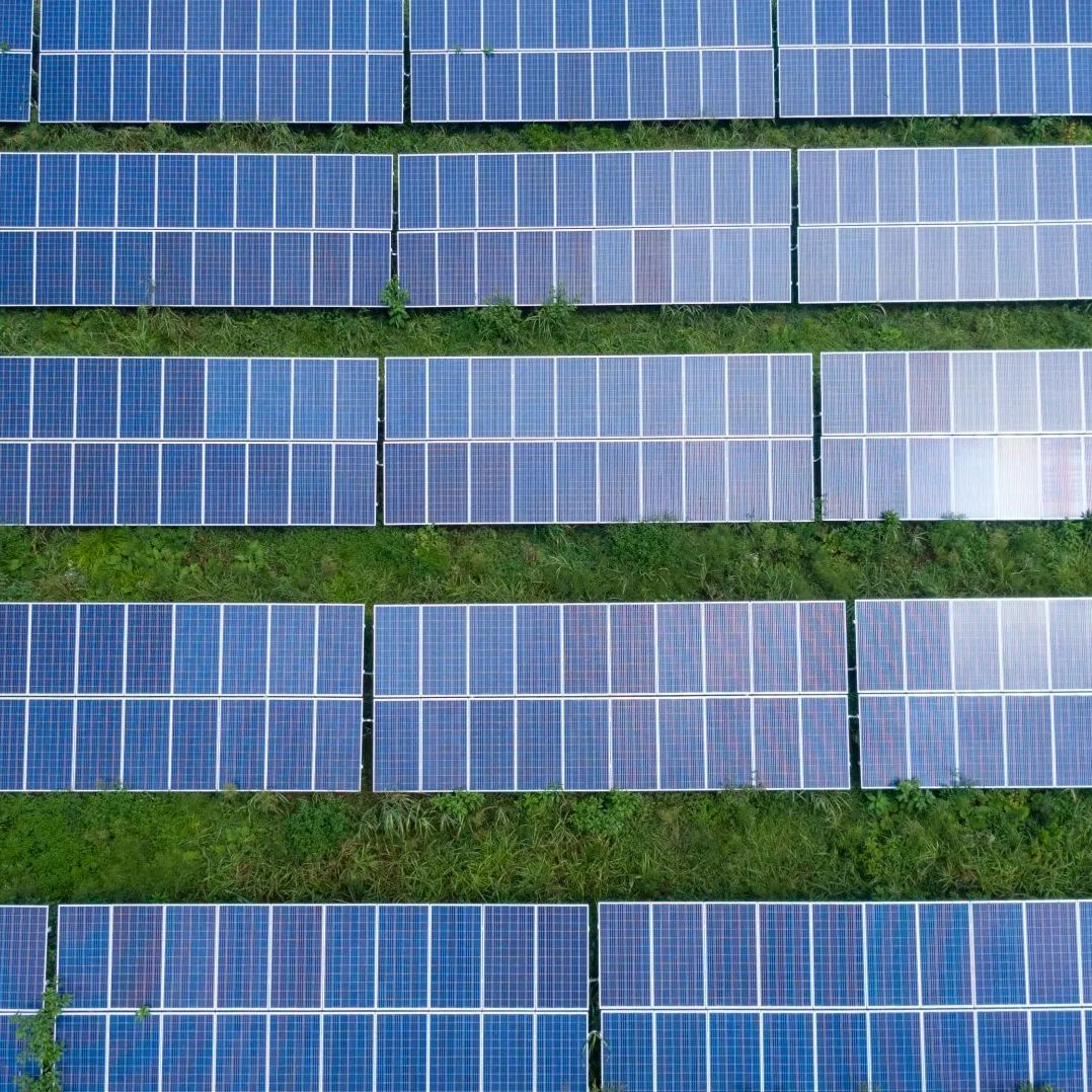 Une vue aérienne d'une rangée de panneaux solaires posés au sommet d'un champ vert luxuriant.