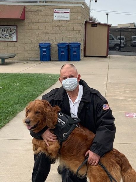 A man wearing a mask is holding a brown dog