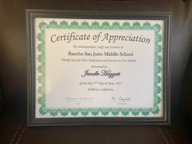 A certificate of appreciation from rancho san juan middle school