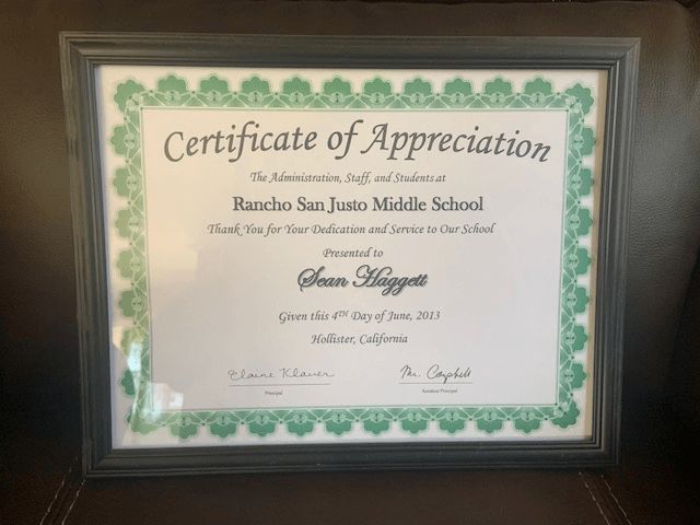 A certificate of appreciation from rancho san juan middle school