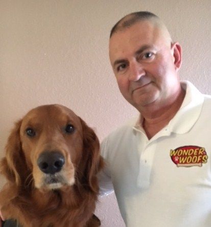 A man wearing a wonder woofs shirt holds a brown dog