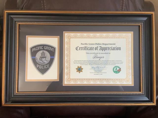 A framed certificate of appreciation from the pacific grove police department