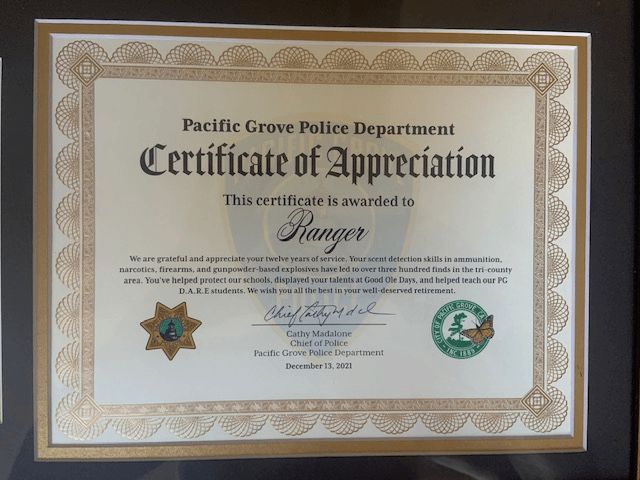 A certificate of appreciation from the pacific grove police department