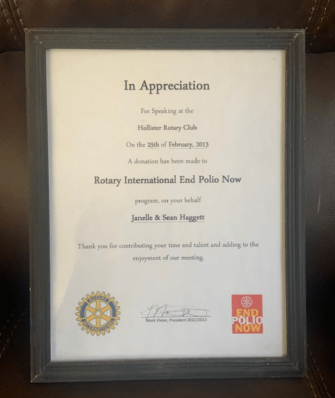 A framed certificate that says in appreciation on it