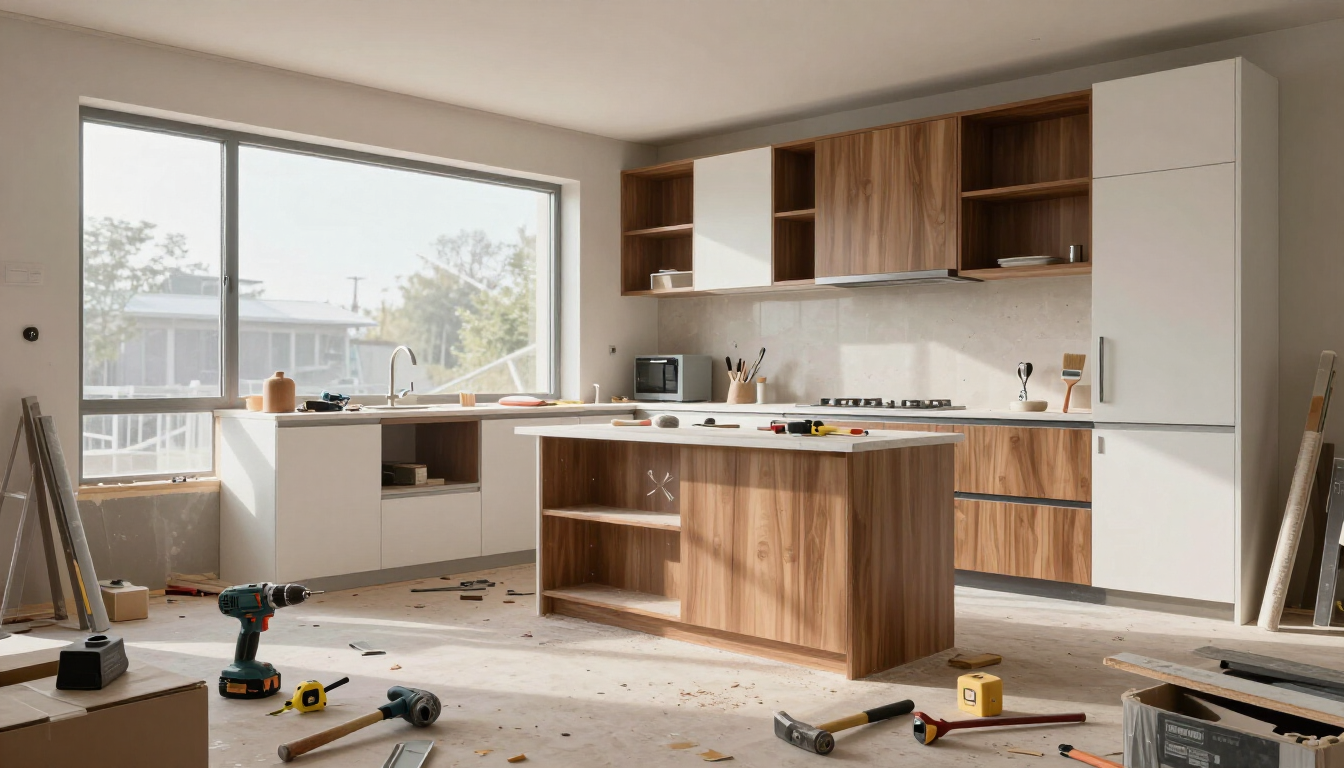 Man reviewing a floor plan in a bright kitchen under renovation