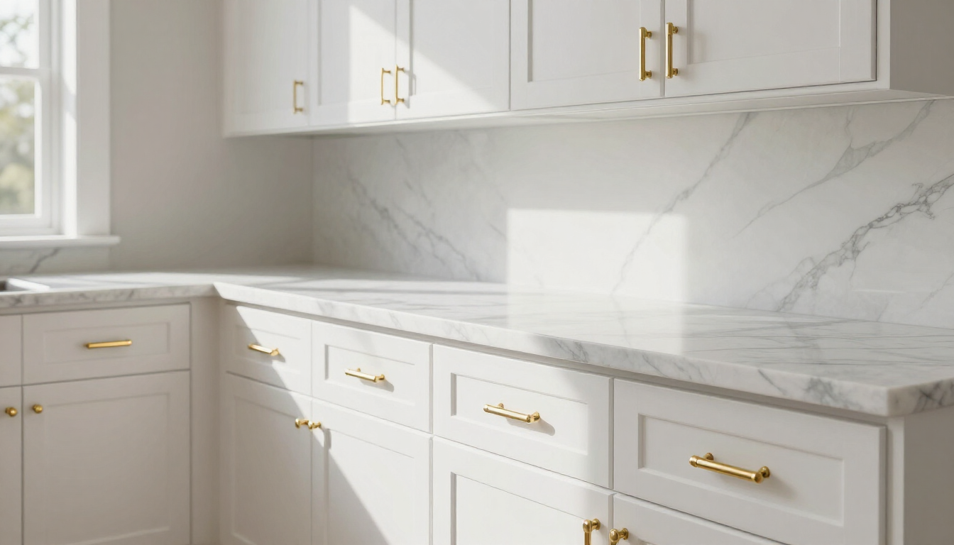 Three people cleaning and painting a bright white kitchen with cabinets and a stainless steel stove