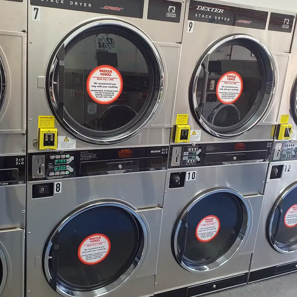 Mega 15kg gas dryers at San Mateo Laundromat in Mildura