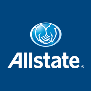 Allstate logo: white text on a blue background, a symbol of two hands clasping inside a blue oval.