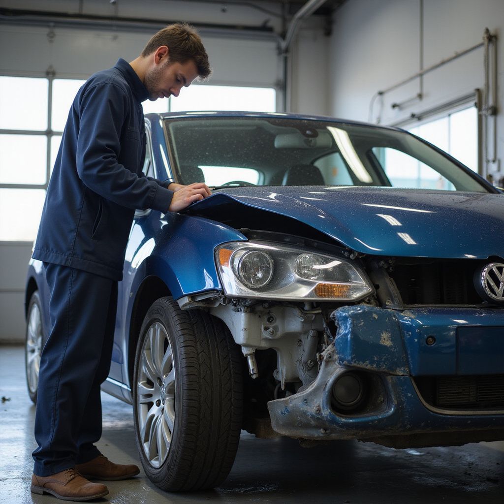 Mechanic inspecting a blue car with front-end damage in a garage.