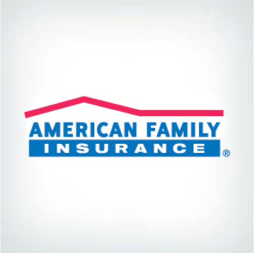 American Family Insurance logo: Red roof above blue text, white background.
