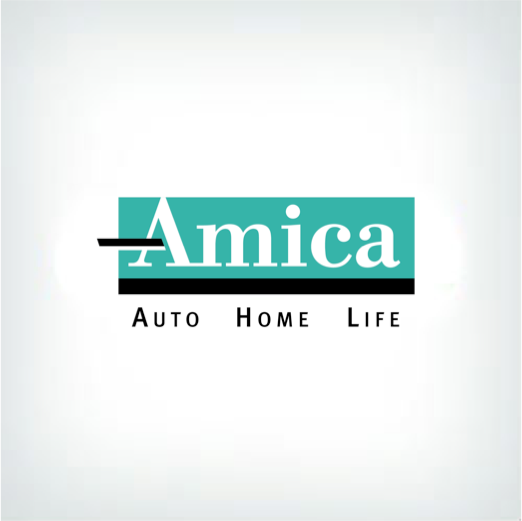 Logo for Amica: Teal and white text with the name "Amica" and the words "Auto Home Life" below.