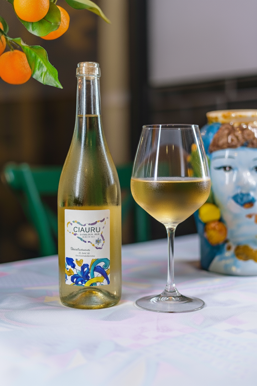 Bottiglia e bicchiere di vino bianco su un tavolo, con arance e un vaso decorativo sullo sfondo.
