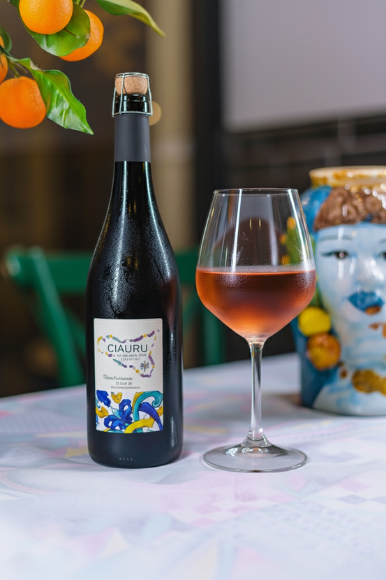 Bottiglia di vino e bicchiere di rosé su un tavolo, vicino a un ramo di agrumi e ceramiche blu.