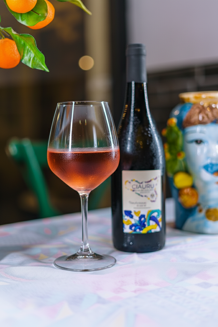 Un bicchiere di rosé e una bottiglia di vino su un tavolo con un albero di mandarino e un vaso decorativo.