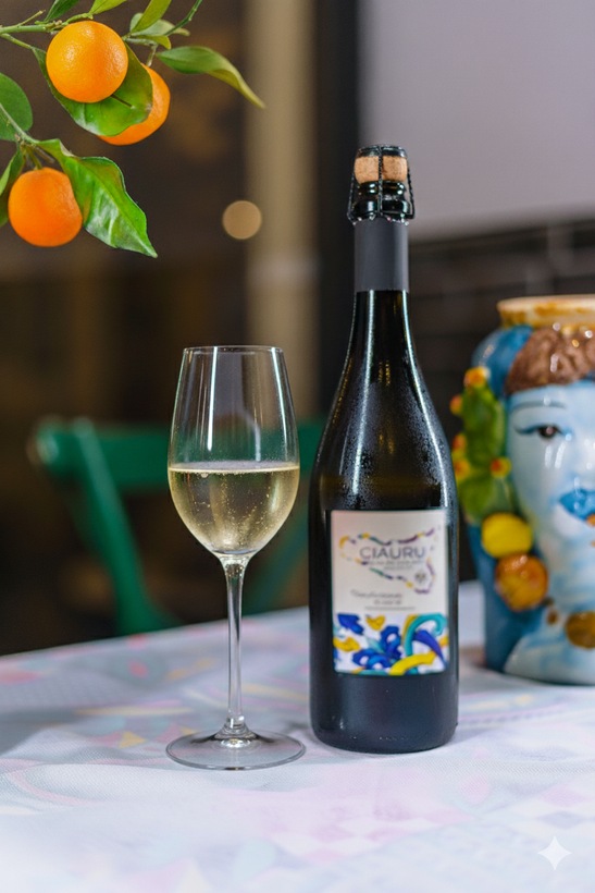 Bottiglia di spumante e bicchiere su un tavolo con arance e un vaso decorativo.
