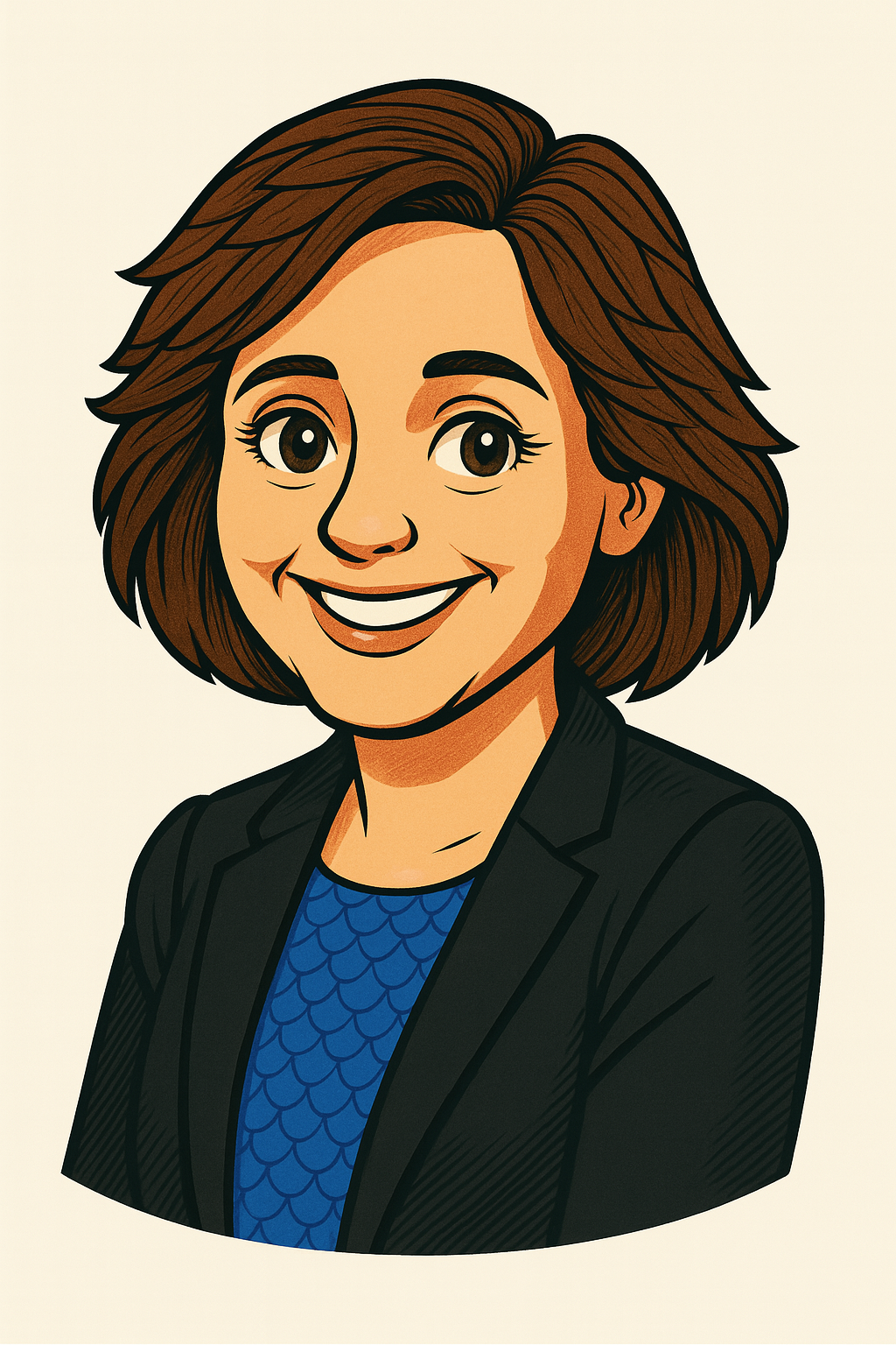 A cartoon drawing of a woman wearing a suit and smiling.