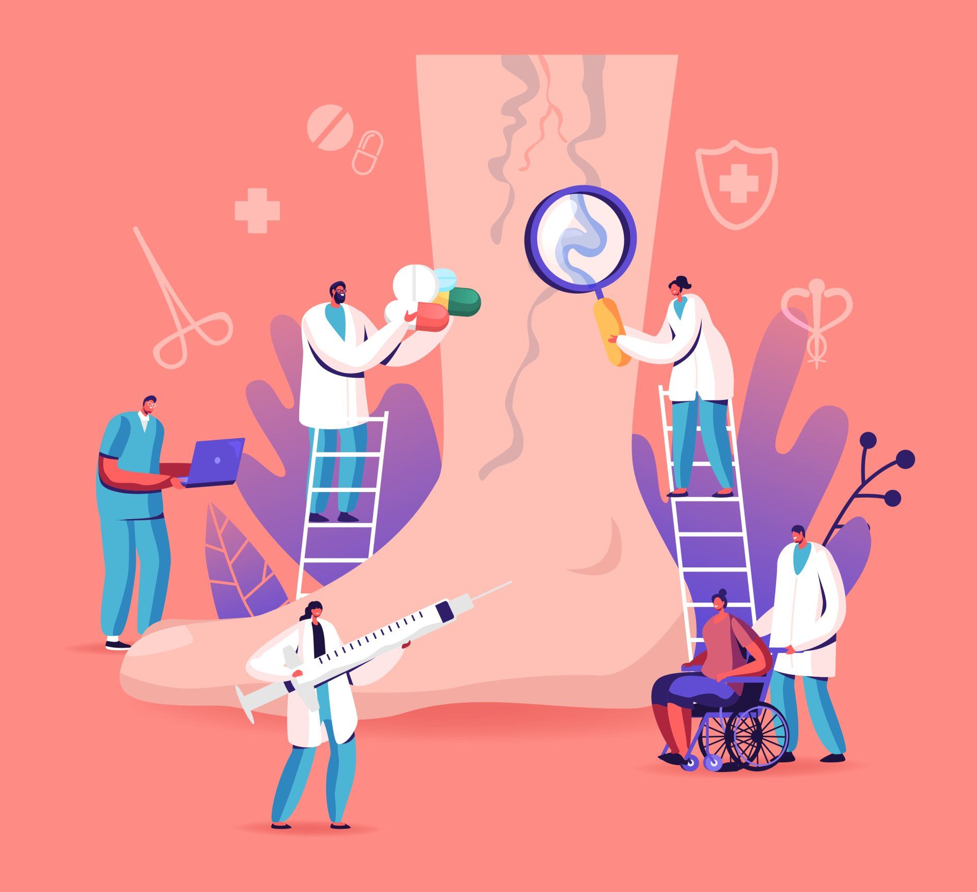 an illustration of doctors examining vein problems in a foot with a syringe