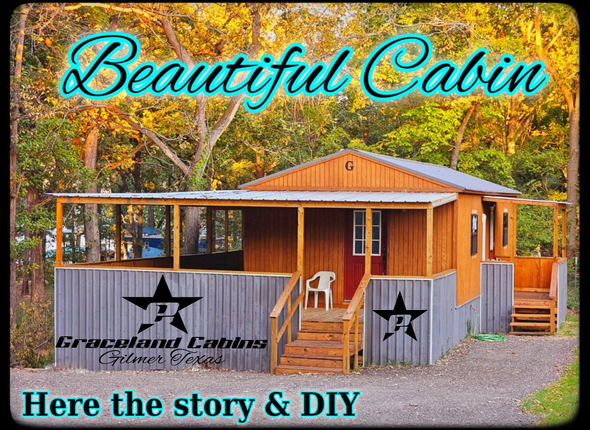 A picture of a cabin with the words beautiful cabin here the story & diy