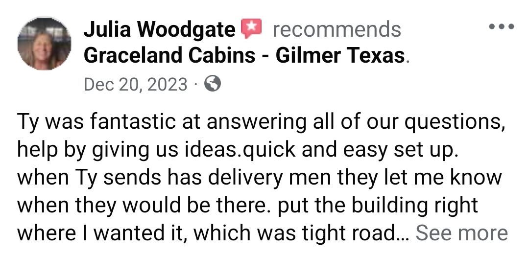 Julia woodgate recommends graceland cabins in gilmer texas.