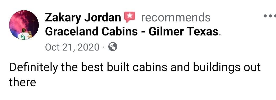 A facebook review of graceland cabins in gilmer texas