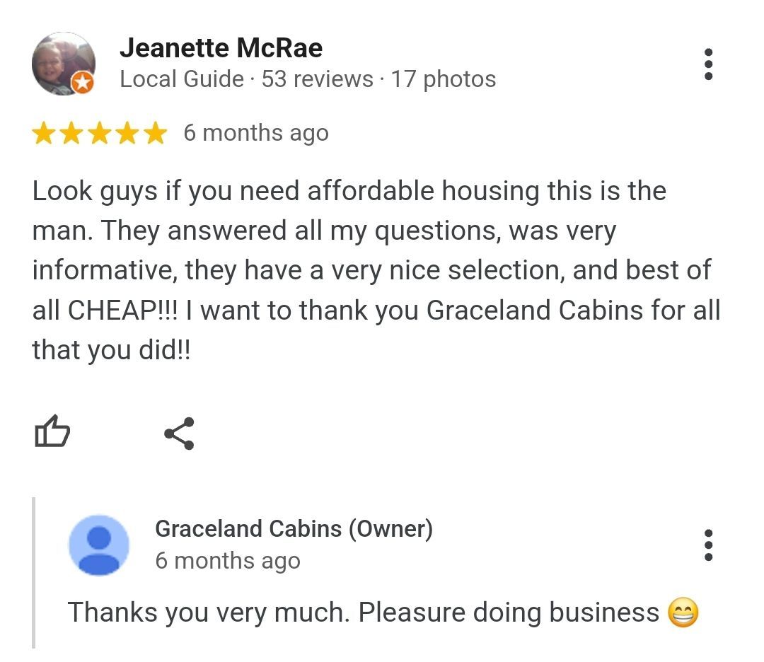 A google review for graceland cabins is very positive.