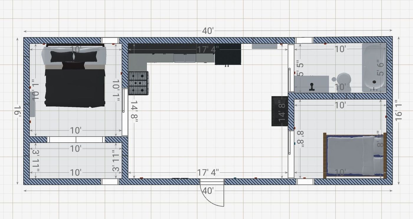 A floor plan of a house with a bedroom , kitchen , and bathroom.