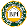 The logo for the building performance institute is a seal with a house in the center.